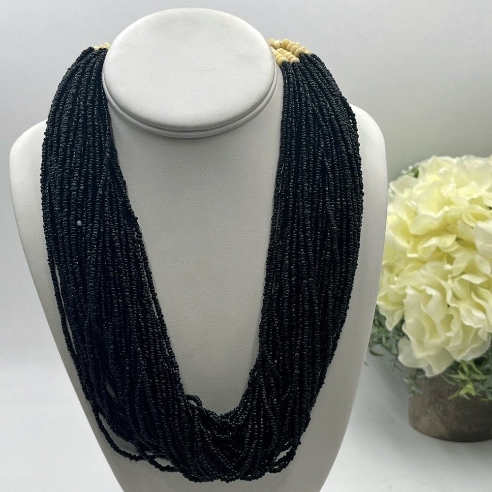 Vintage 50 Strand Black Glass‎ Beaded necklace Squaw wrapped button closure
